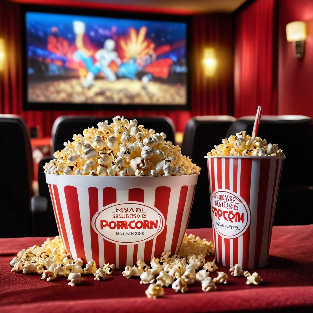 A cozy cinema setting with a plush seat in the foreground, a bowl of buttery popcorn spilling over, and a vivid movie screen displaying a thrilling blockbuster scene in the background. Include movie reels and ticket stubs scattered around to enhance the cinematic vibe. Soft lighting casts a warm glow, inviting viewers to immerse in the experience. super-realistic. vibrant colors. 3D.