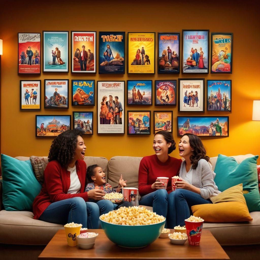 A cozy family living room filled with laughter, featuring a large screen displaying an exciting film. A bowl of popcorn rests on the table, surrounded by colorful snacks and beverages. The family members, diverse in appearance, are sitting together on a comfortable couch, their faces illuminated by the movie's glow, embodying joy and togetherness. The walls are adorned with movie posters and decorations for a fun cinematic atmosphere. vibrant colors. super-realistic. cozy lighting.