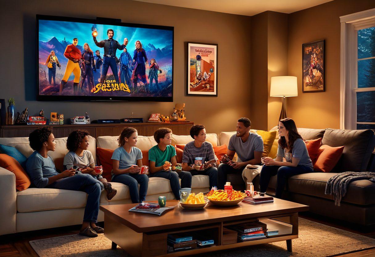 A cozy living room scene showcasing a family gathered around a large widescreen TV, with colorful snacks and drinks on a coffee table. The room is adorned with movie posters and a glowing projector screen, radiating warmth and excitement. Soft ambient lighting sets the mood for a cinematic adventure, capturing the essence of a perfect movie night. super-realistic. vibrant colors. warm lighting.